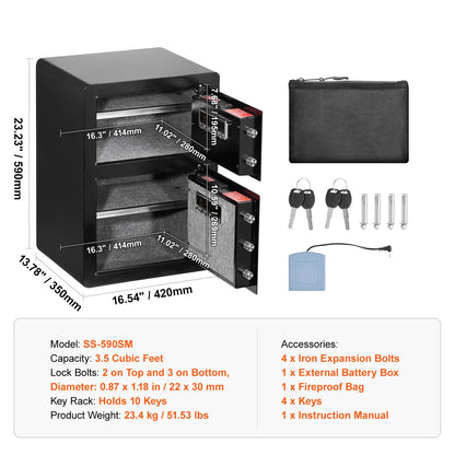 Single/Double Door Safe Box with Key Lock Password & Fingerprint Safe Lock Box with Fireproof Bag Key Rack & LED Light