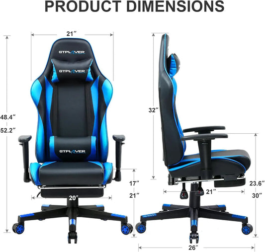 Ergonomic Gaming Chair with Footrest, Reclining Seat Height Adjustment, Swivel Rocker Headrest Lumbar Support in Blue