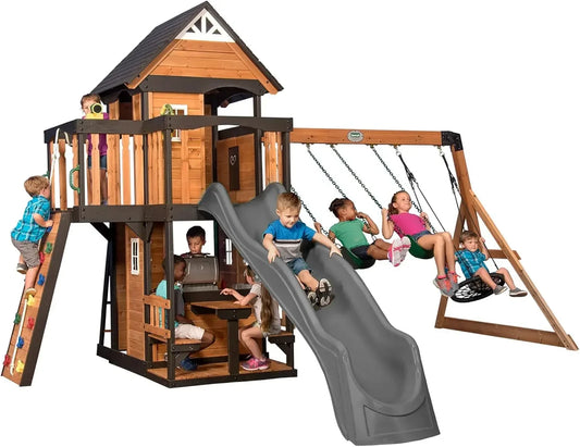 Cedar Wood Swing Set with Wave Slide, Clubhouse, Play Kitchen, Picnic Area, Belt Swings, Web Swing, Rock Wall,