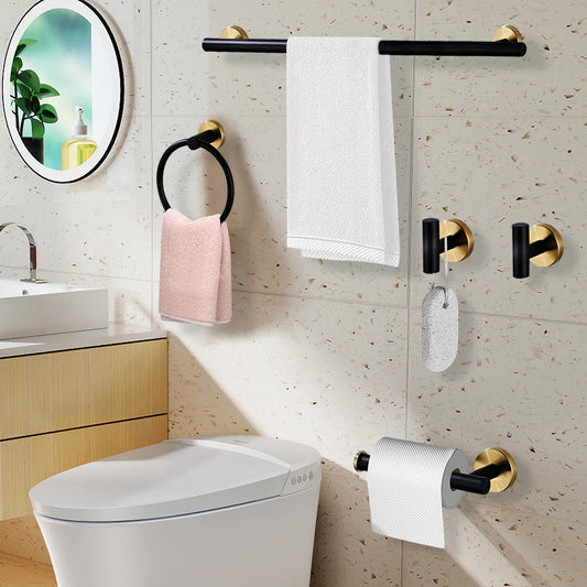 5-Piece Bathroom Hardware Set Black and Gold,  Set Stainless Steel Wall Mounted - with 2 Robe Towel Hooks & Towel Ring ﻿