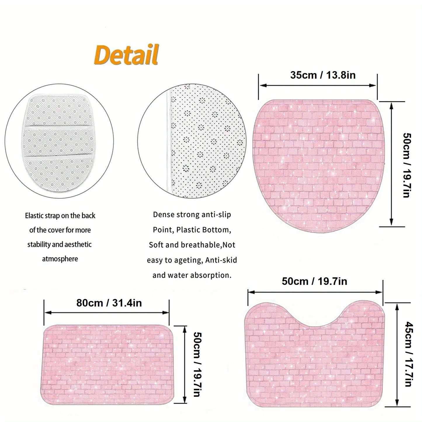 3pcs Glitter Pink Brick Bath Mat Set - Non-Slip Farmhouse Rug & Lid Cover for Shimmering Bathroom Decor & Festive Glam