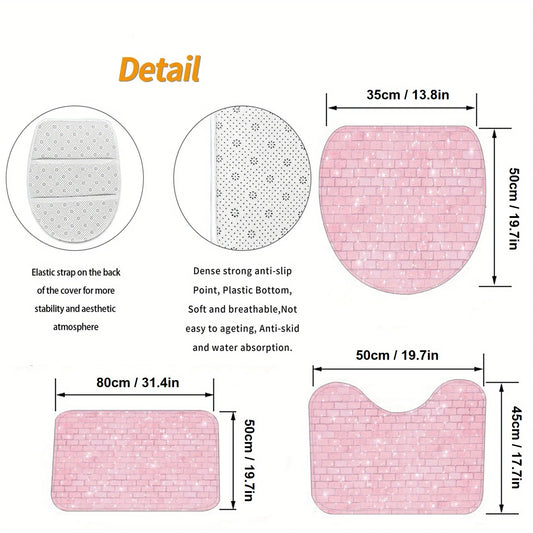 3pcs Glitter Pink Brick Bath Mat Set - Non-Slip Farmhouse Rug & Lid Cover for Shimmering Bathroom Decor & Festive Glam