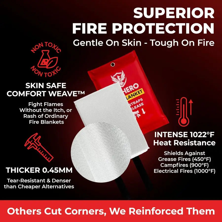 Fire Blanket 4 Pack, Triple Certified, Comfort Weave SkinSafe Fiberglass