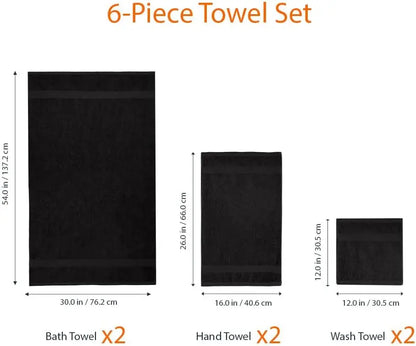 SUNTUG Basics 6 Piece Oversized 100% Cotton Bathroom Towel Set Fade Resistant Soft Absorbent 2 Bath 2 Hand 2 Washcloths Black