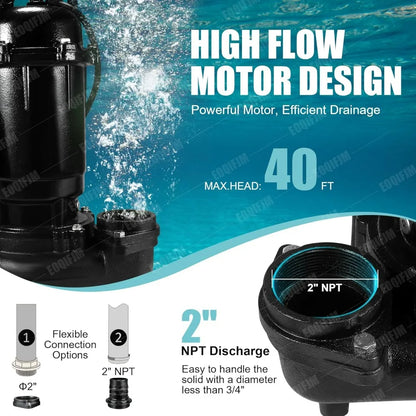 110V Cast Iron Submersible Sewage Grinder Pump with Auto Float Switch, 6400 GPH for Basement Applications