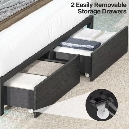 Queen Bed Frame with Bookcase Headboard and Storage Drawers, Metal Platform Queen Size Bed Frame , Black
