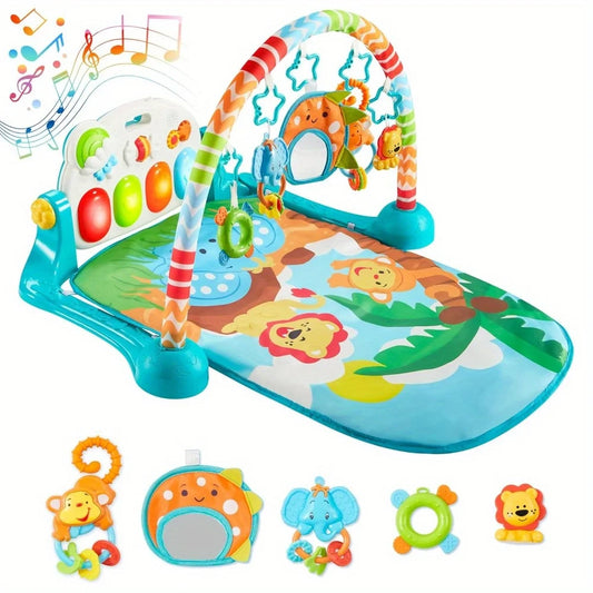 Baby Tummy Time Mat for 0-6 Months Musical Learning Toy Animal-Themed Play Gym with Piano Panel