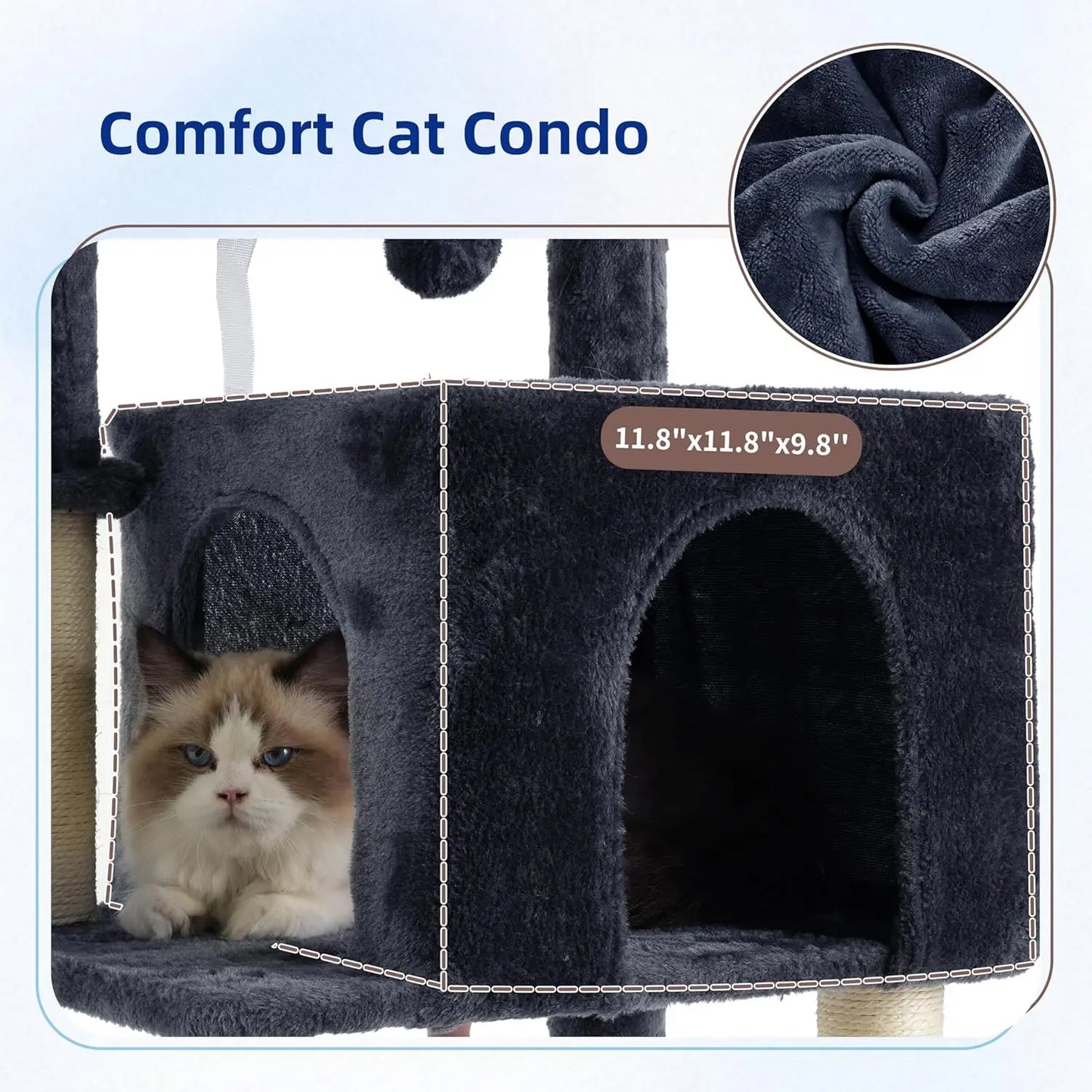 43.3 Inch Cat Tree Tower for Indoor Cats with Sturdy Steel Tube, Hammock, Condo, Scratching Post in Smoky Gray