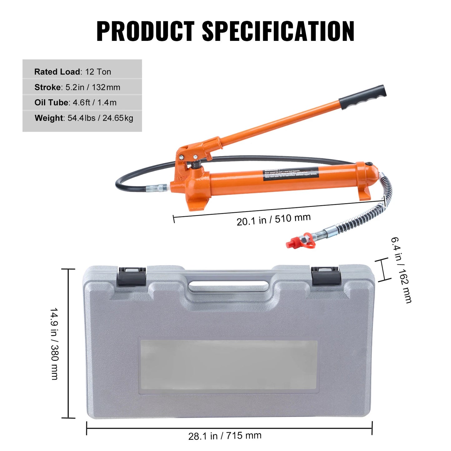 10/12T Porta Power Kit Portable Hydraulic Jack with 4.6 ft/1.4 m Oil Hose Auto Body Frame Repair Kit with Storage Case