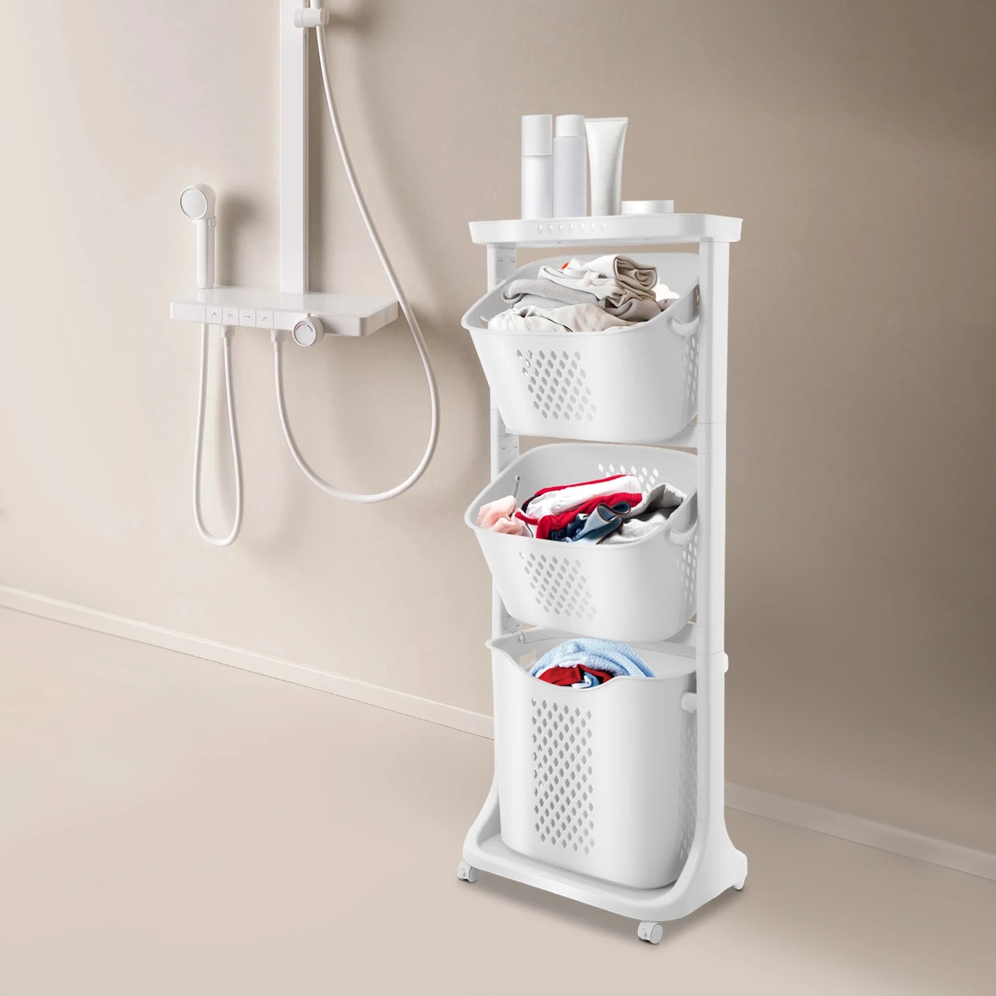 Hollow-Out Laundry Basket with 4 Wheels Multi-Layer Bathroom Storage Rack for Towels Clothes Toiletries