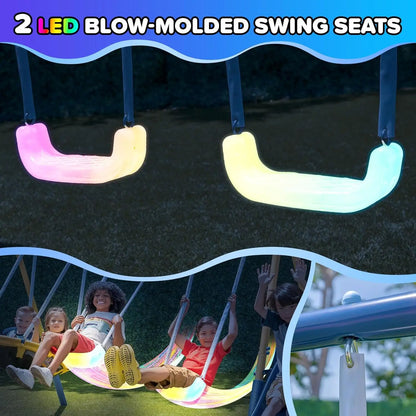 Safe Metal Playset Outdoor Kids Swing Set For Ages 3-8 with LED Swings, Saucer Swing & 5ft Slide