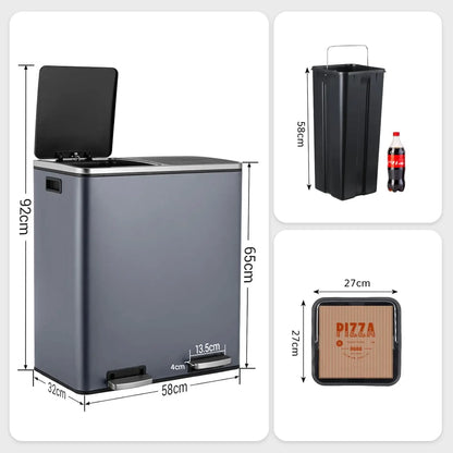 16 Gal Stainless Steel Kitchen Trash Can Dual Recycling Bin Garbage Can with Soft-Close Lid