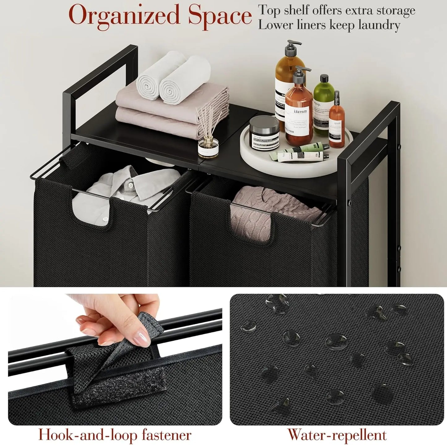 Laundry Basket Organizer with Shelf & Removable Bags, Dual Compartment Hamper for Laundry Room, Bathroom, Dorm