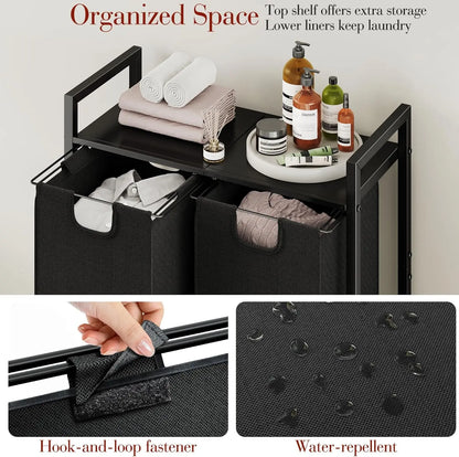 Laundry Basket Organizer with Shelf & Removable Bags, Dual Compartment Hamper for Laundry Room, Bathroom, Dorm