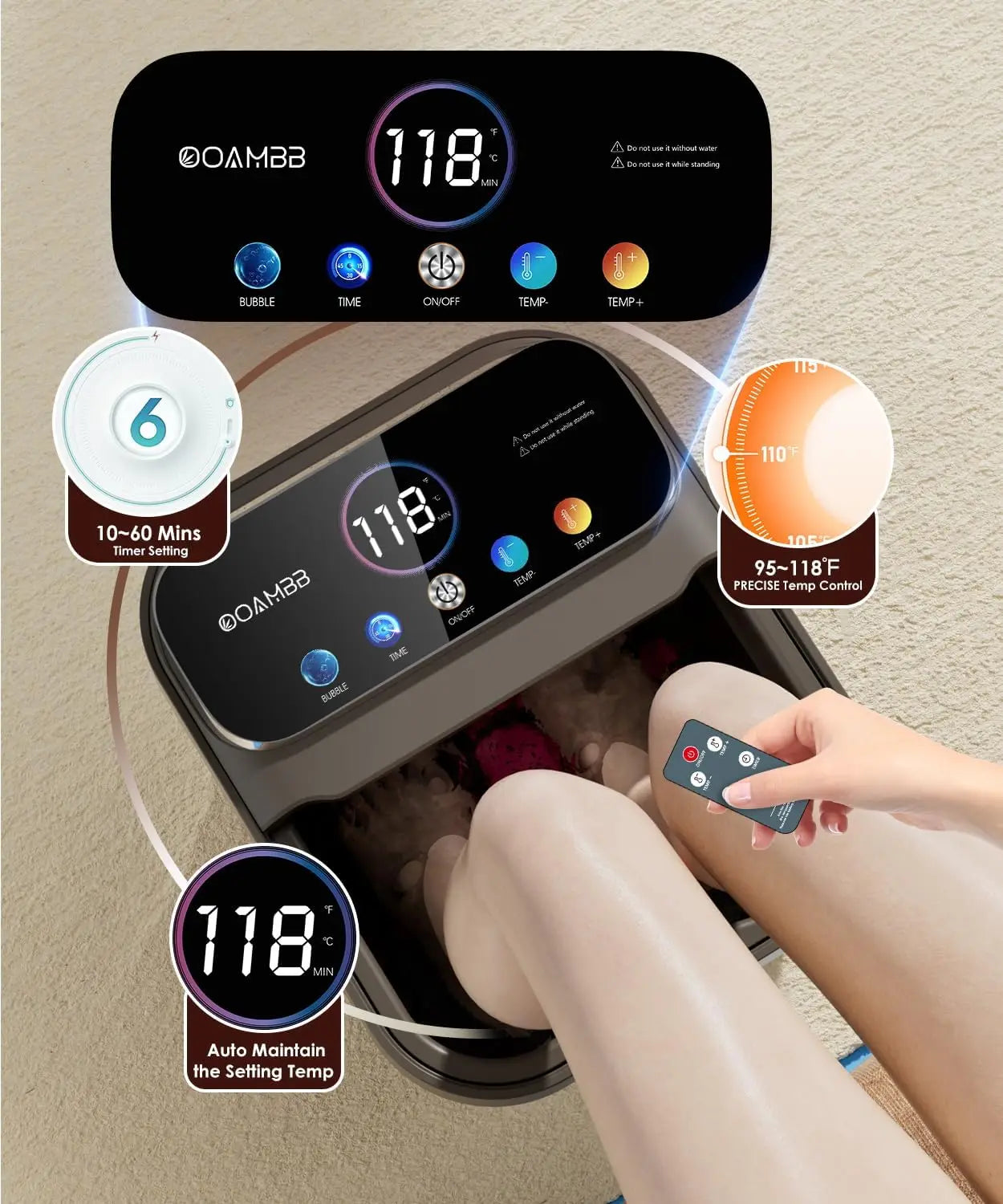 Collapsible Foot Spa with Heat, Bubbles, Temp Control, Remote & Touch Screen - 6 Massage Rollers for Stress Relief (Deep Grey)