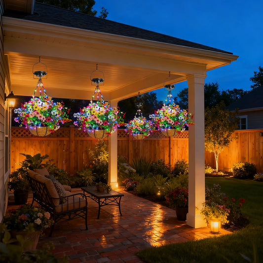 Solar-Powered Hanging Flower Basket Garden Decor, Copper Wire RGB Lights with Solar Panel