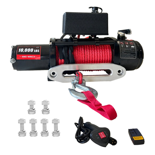 10000lbs 12V Power Electric Winch, IP67 85ft Red Synthetic Rope Truck Winch with Wireless Remote for Towing UTV Off Road Vehicle