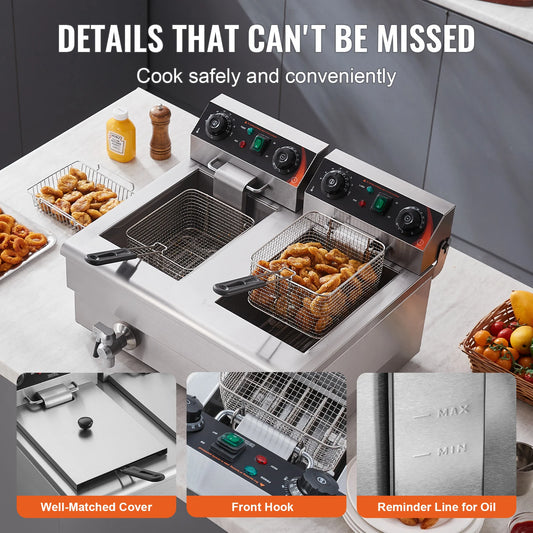 12L Electric Deep Fryer w/Dual Removable Tanks Commercial Countertop  Fryer for Chicken French Fries Frying Chips