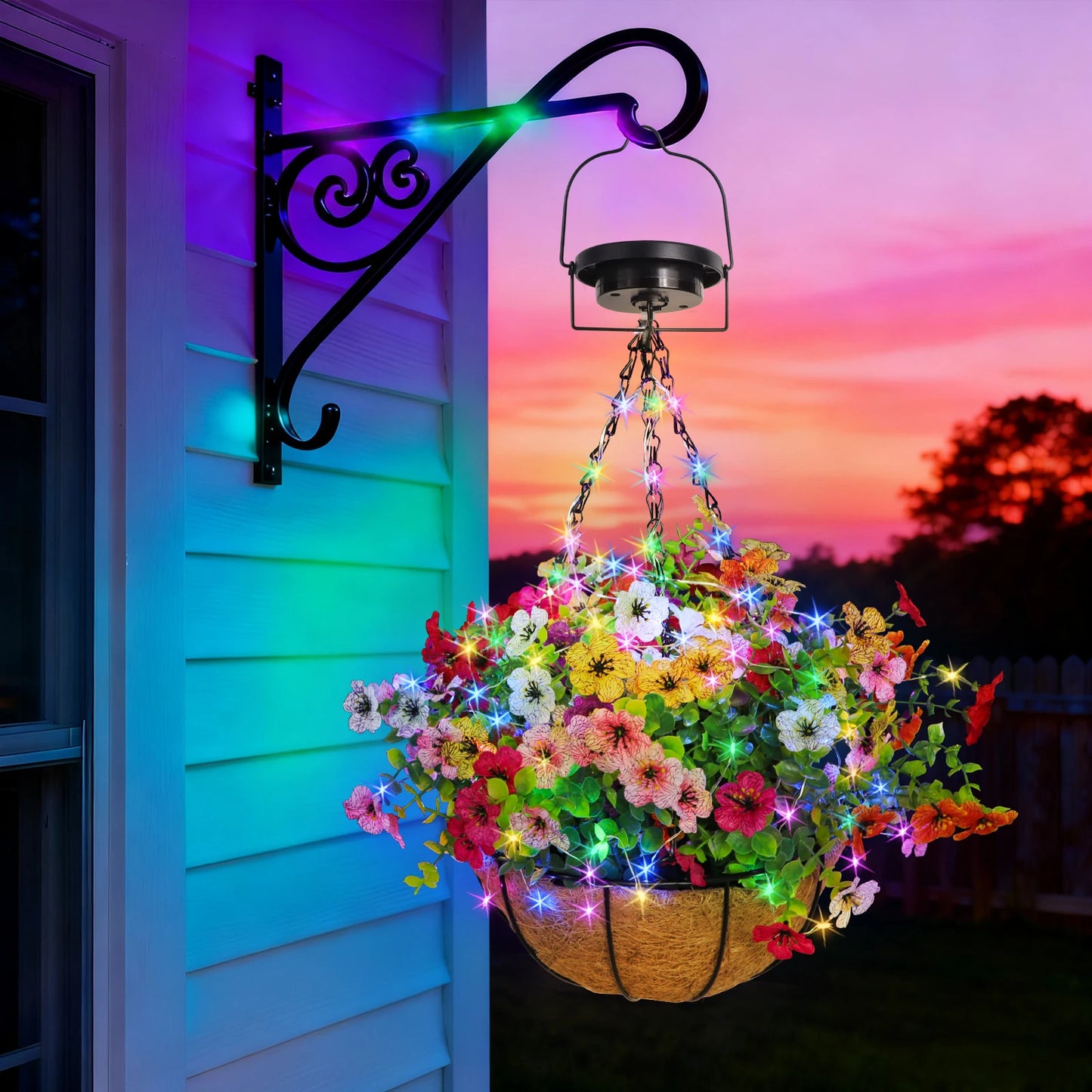 Solar-Powered Hanging Flower Basket Garden Decor, Copper Wire RGB Lights with Solar Panel