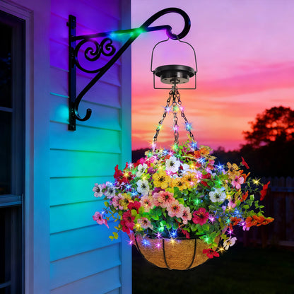 Solar-Powered Hanging Flower Basket Garden Decor, Copper Wire RGB Lights with Solar Panel