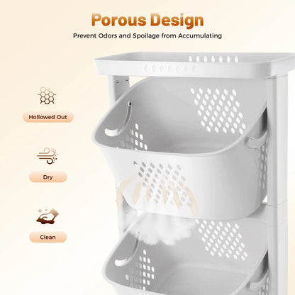 Hollow-Out Laundry Basket with 4 Wheels Multi-Layer Bathroom Storage Rack for Towels Clothes Toiletries