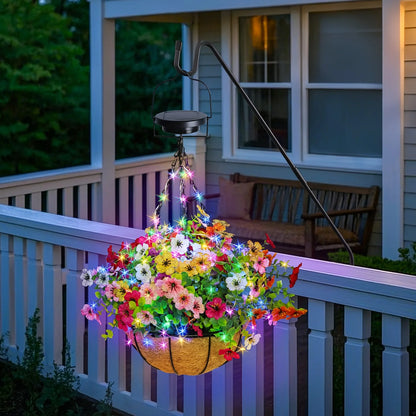 Solar-Powered Hanging Flower Basket Garden Decor, Copper Wire RGB Lights with Solar Panel