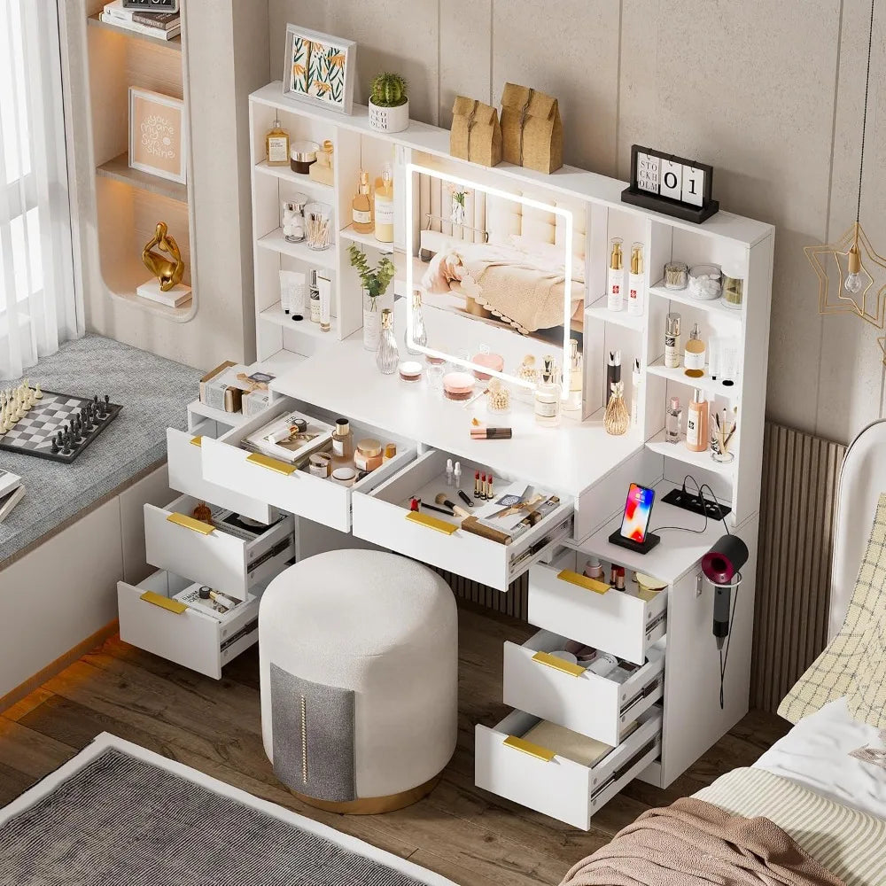 LED Makeup Vanity Desk with Lighted Mirror, Power Outlet, 3 Color Modes, Adjustable Brightness & Storage Drawers