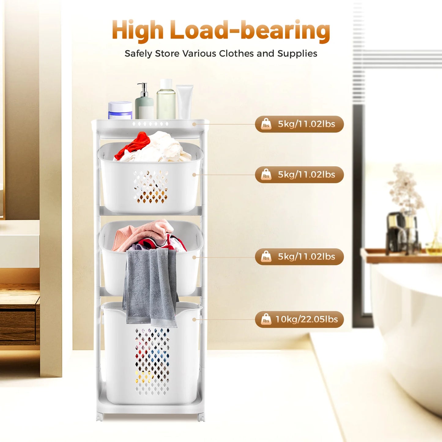 Hollow-Out Laundry Basket with 4 Wheels Multi-Layer Bathroom Storage Rack for Towels Clothes Toiletries