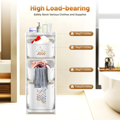 Hollow-Out Laundry Basket with 4 Wheels Multi-Layer Bathroom Storage Rack for Towels Clothes Toiletries