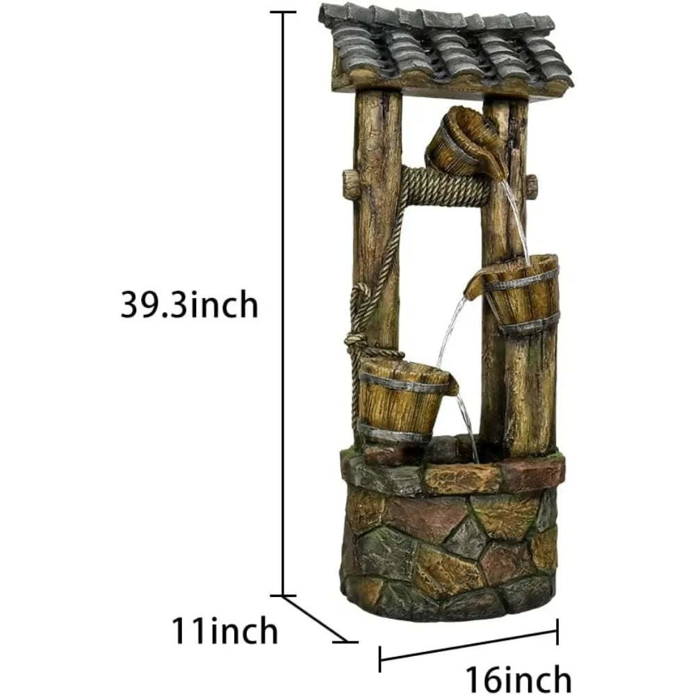 Wishing Well Rustic Outdoor Water Fountain with Buckets, Pump & Lights