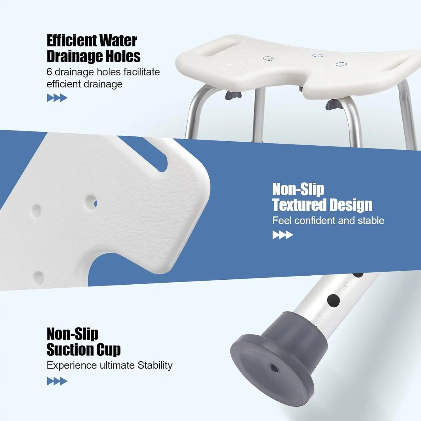 Adjustable U-Shaped Shower Chair with Open Seat, Non-Slip Bath Stool for Adults & Elderly