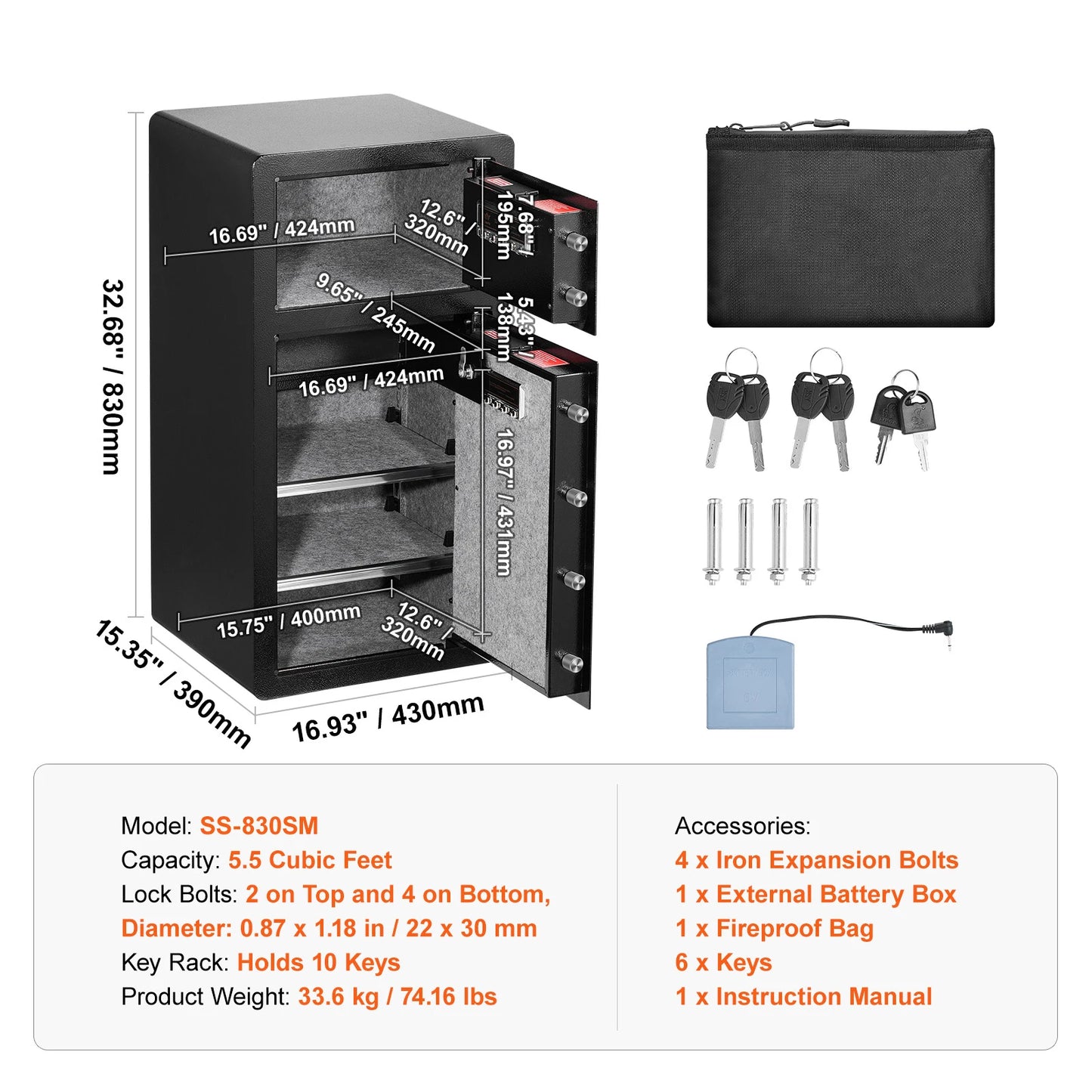 Single/Double Door Safe Box with Key Lock Password & Fingerprint Safe Lock Box with Fireproof Bag Key Rack & LED Light