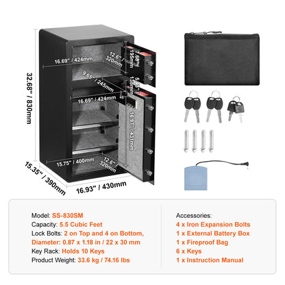 Single/Double Door Safe Box with Key Lock Password & Fingerprint Safe Lock Box with Fireproof Bag Key Rack & LED Light