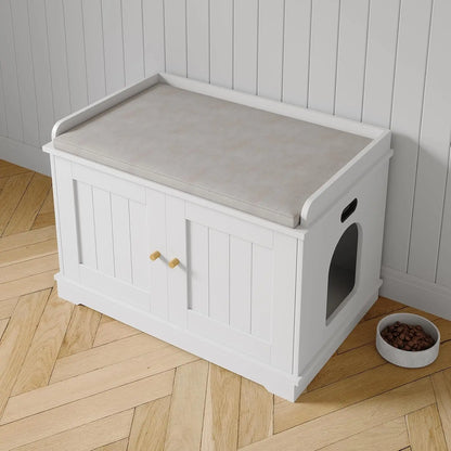 Modern Barn Door Cat Litter Box Enclosure Cabinet – Hidden Wooden Cat Washroom Furniture Large Indoor Pet House End Table