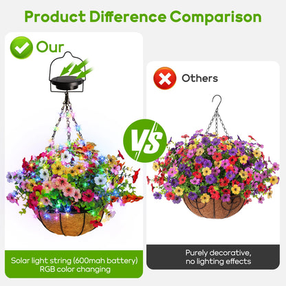 Solar-Powered Hanging Flower Basket Garden Decor, Copper Wire RGB Lights with Solar Panel