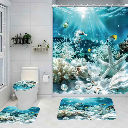 Ocean Bathroom Four-piece Set With Waterproof Shower Curtain