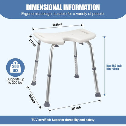 Adjustable U-Shaped Shower Chair with Open Seat, Non-Slip Bath Stool for Adults & Elderly