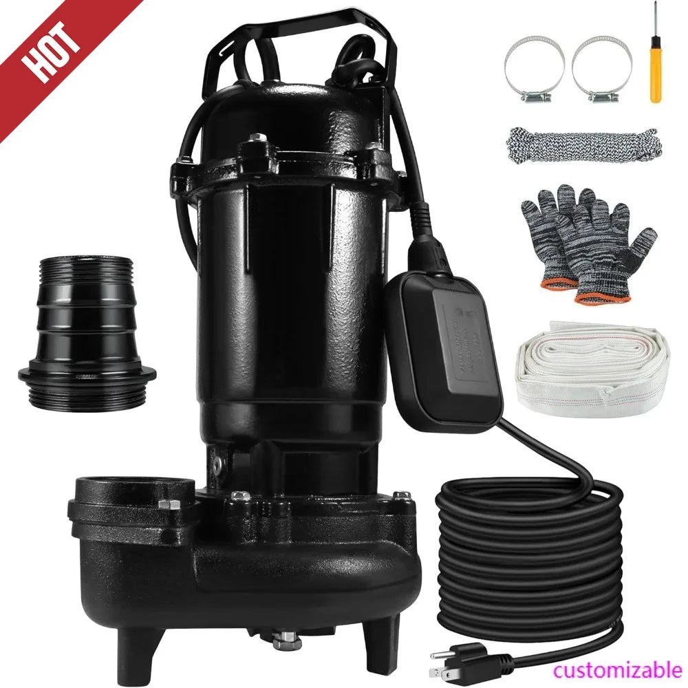 110V Cast Iron Submersible Sewage Grinder Pump with Auto Float Switch, 6400 GPH for Basement Applications