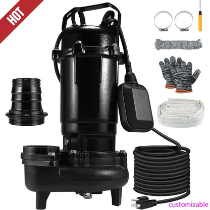 110V Cast Iron Submersible Sewage Grinder Pump with Auto Float Switch, 6400 GPH for Basement Applications
