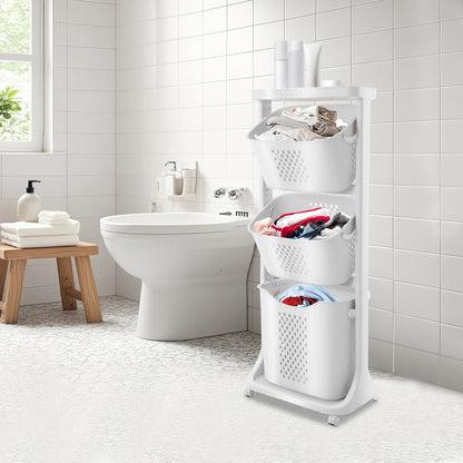 Hollow-Out Laundry Basket with 4 Wheels Multi-Layer Bathroom Storage Rack for Towels Clothes Toiletries