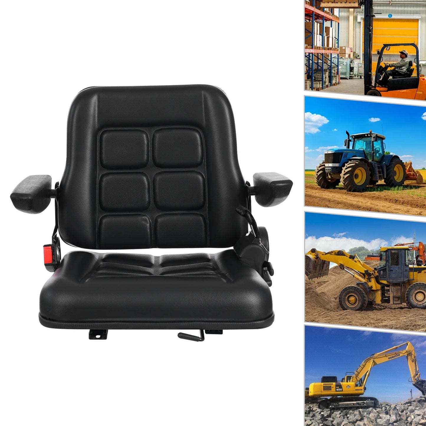 Forklift Seat with Safety Belt and Armrest Tractor Excavator Seat Capacity100kg  Adjustable Angle 35-180°