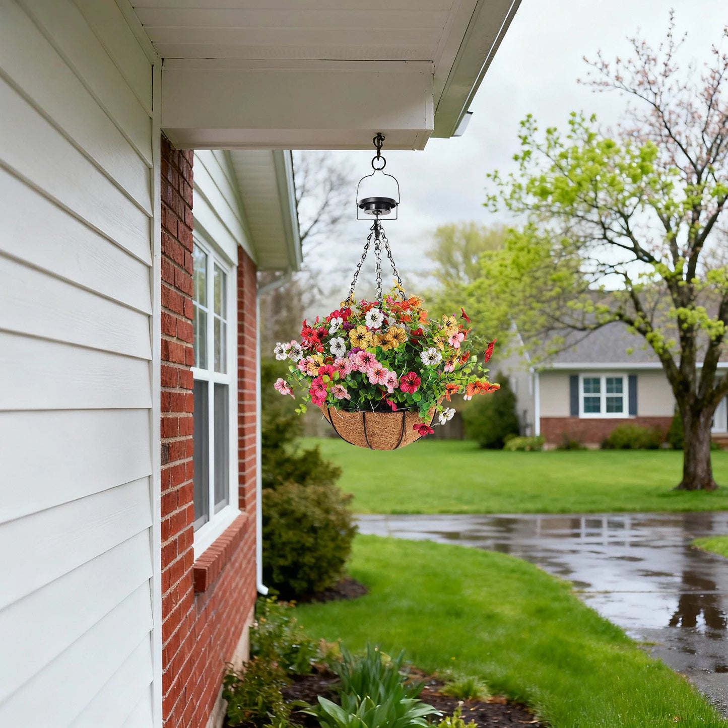 Solar-Powered Hanging Flower Basket Garden Decor, Copper Wire RGB Lights with Solar Panel