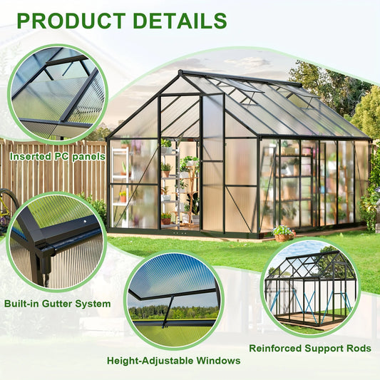 4x6~10x18FT Multi-Size Polycarbonate Greenhouse, PC Panels, Aluminum Frame, Vent Roof, UV Protection for Backyard Garden Patio