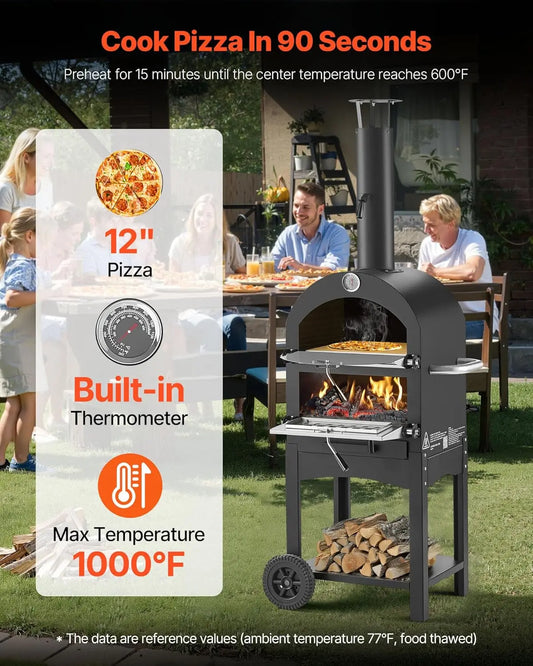 12" Wood Fired Pizza Oven with 2 Removable Wheels, 1000℉ Max Temperature for Outdoor Barbecue Cooking