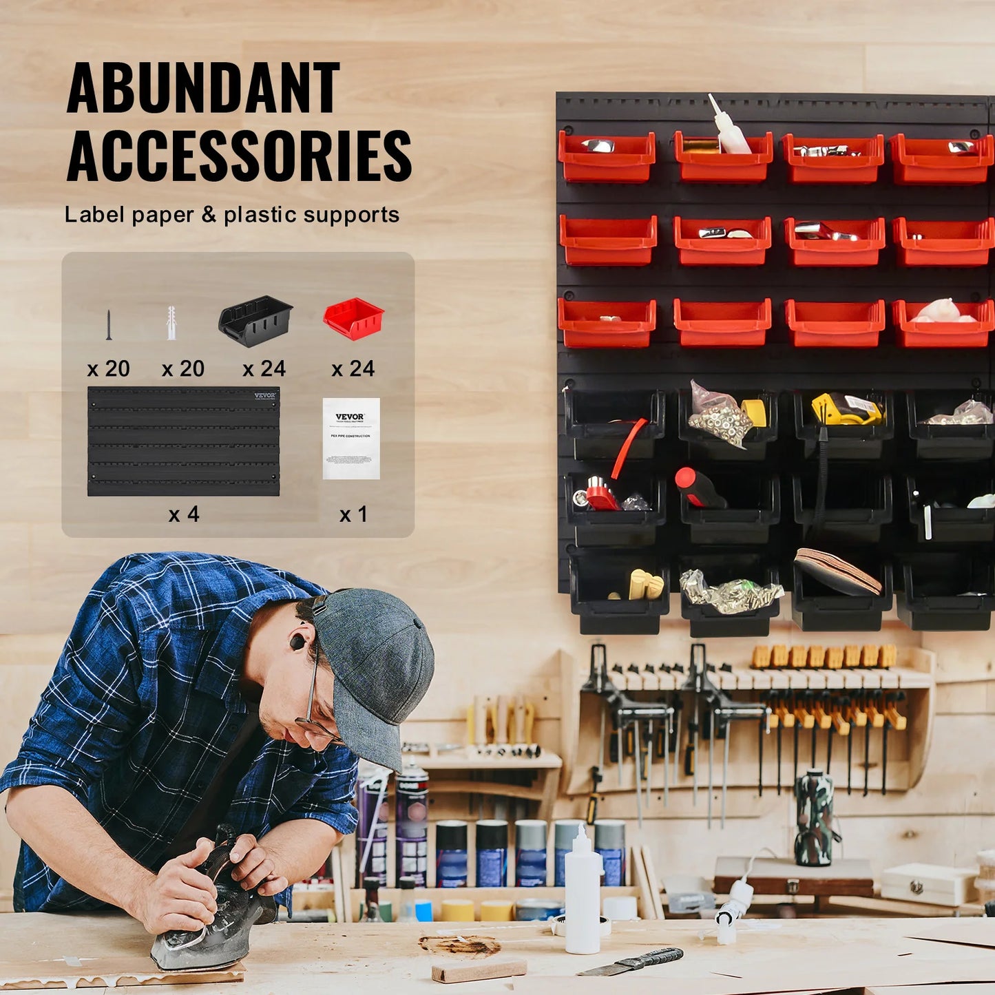 48pcs Parts Storage Bins Wall Mounted Garage Containers with Wall Panels Tool Organizer for Nuts Bolts Screws Nails