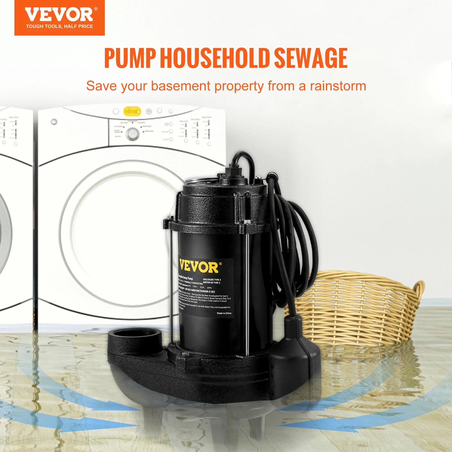 Submersible Sewage Pump 3/4 HP 5880 GPH 1050W Durable Cast Iron, 10 ft Piggy-back Float Switch for Septic Tanks, Basements