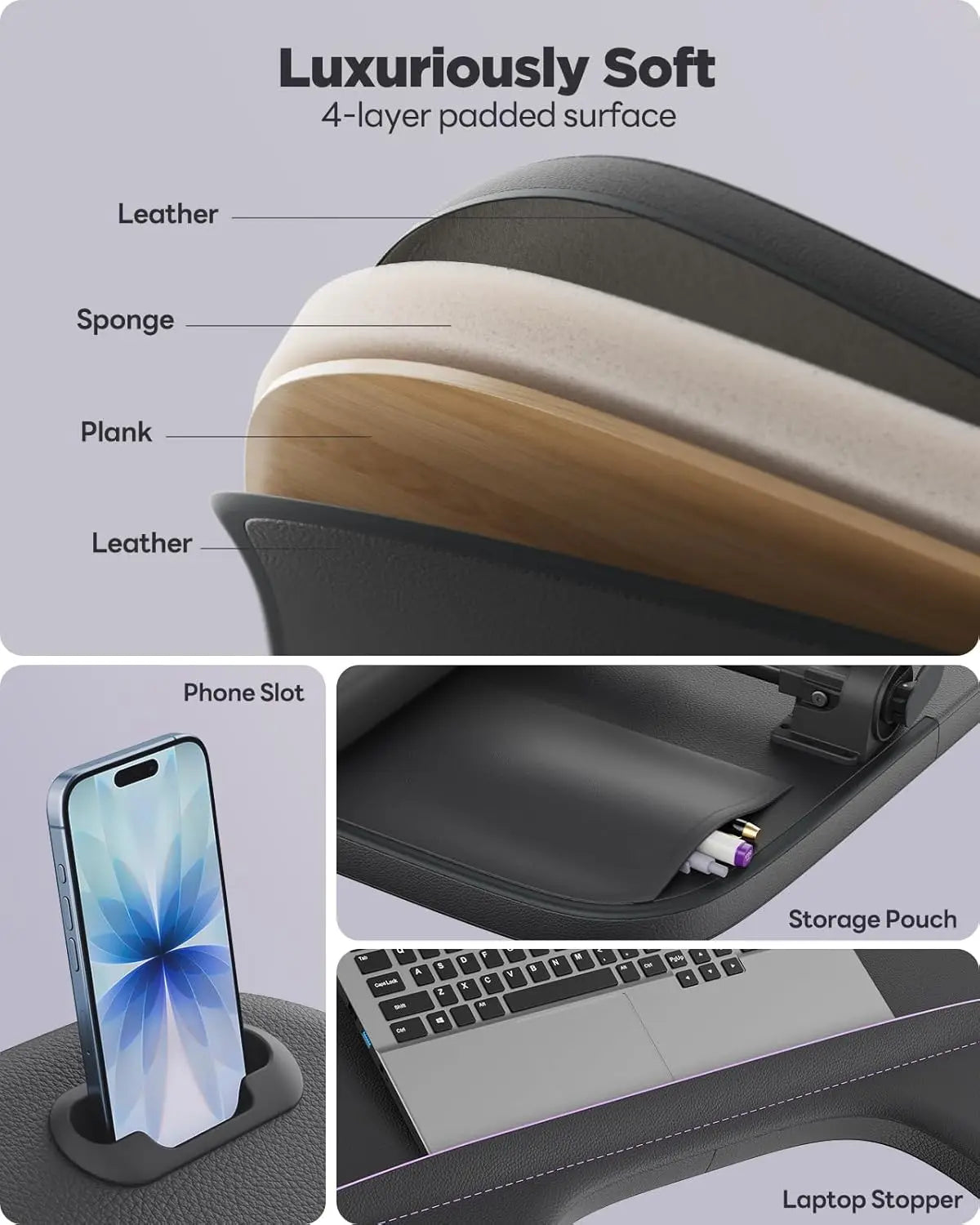 Adjustable Laptop Lap Desk for Bed & Couch, Ergo Curve Folding Table with Soft Armrest for Working, Reading, Gaming (Black)