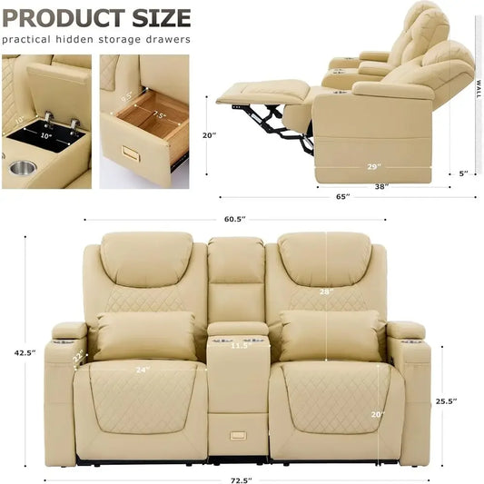 Beige Leather Loveseat Recliner with Double Recline, Center Console, and 2 Pillows for Cozy Theater-Style Seating