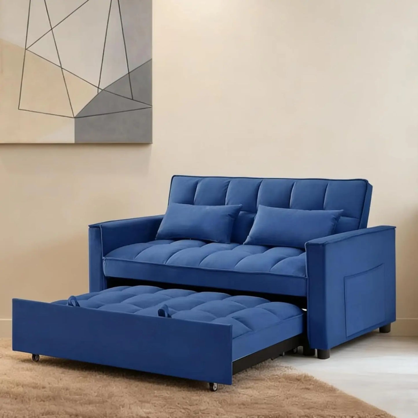 3-in-1 Convertible Sleeper Sofa Bed Adjustable Velvet Pull Out Loveseat Side Pocket Living Room Black Customized