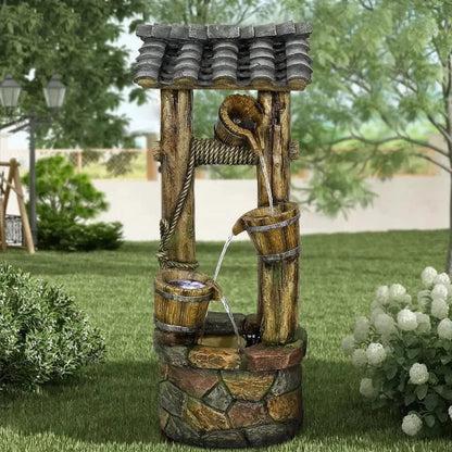 Wishing Well Rustic Outdoor Water Fountain with Buckets, Pump & Lights